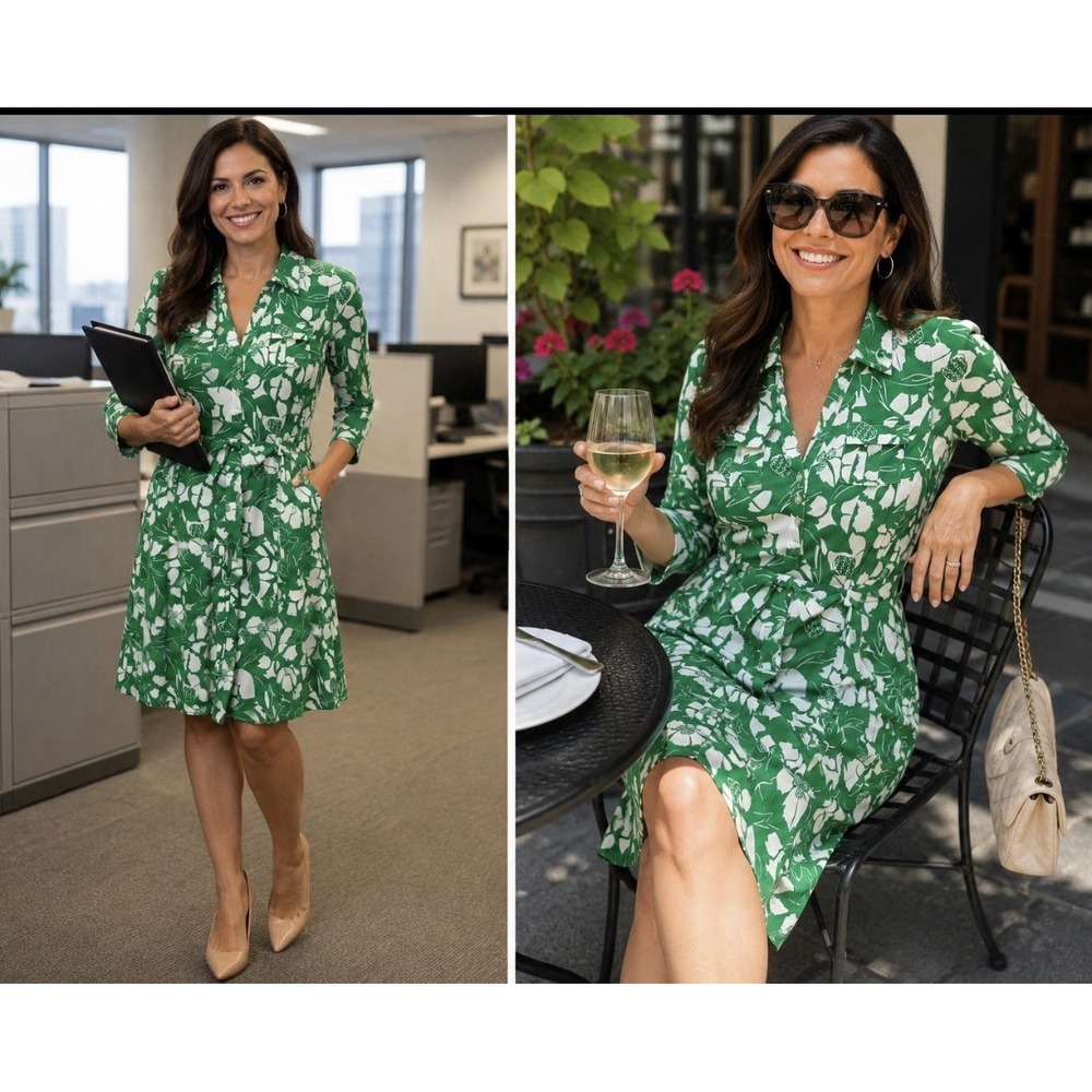 Old Navy M Dress Green White Floral Cottage Boho Coastal Indie Artsy Dopamine